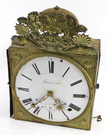 A 19thC Jeunet H Gere A' Vouay wall clock, in brass surround with scroll, floral, and urn finial, above a 24cm diameter raised enamel Roman numeric dial, partially signed with raised brass spandrels with floral patera, with large pendulum and weights. (AF