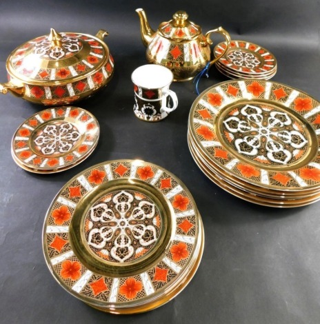 A bone china Imari pattern part dinner service, to include tureen, 30cm wide, various other wall plates, Imari pattern wares, etc., and a Studio pottery part coffee service in green with ribbed coffee pot. (a quantity)