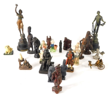 Various figures, pottery and effects, etc., a pair of spelter figures, classical lady 33cm high, marked Le Pouvoir, and another gentleman marked Le Jour, other bisque figures, Chinese figures, etc. (a quantity)