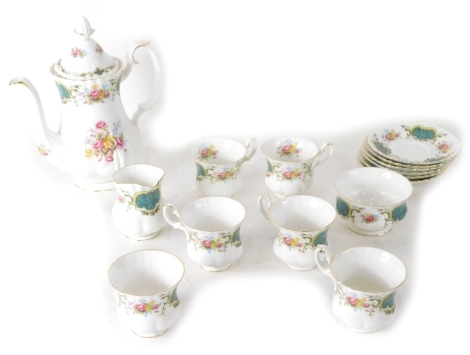 A Royal Albert Berkeley pattern part coffee service, to include coffee pot, 26cm high, sugar bowl, milk jug, cups and saucers, printed marks beneath. (a quantity, AF)