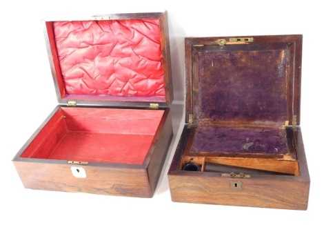 A 19thC rosewood and mother of pearl jewellery box, of rectangular form with plain interior, with vacant mother of pearl cartouche and escutcheon, 14cm high, 31cm wide, 25cm deep, and a further jewellery box. (2)