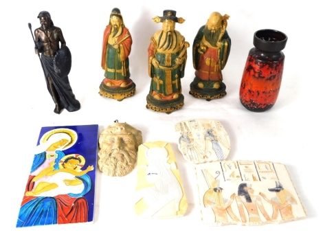 Various figures, etc., a fat lava vase, 23cm high, Leonardo Collection figure, various Oriental figures, wall masks, plaques, etc. (a quantity)