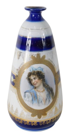 An early 20thC Vienna porcelain vase, in blue and white stripes with gilt highlights, decorated with a portrait of a lady, on circular foot, blue beehive mark beneath, 27cm high.