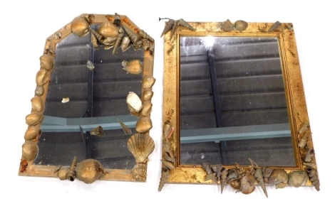 A 20thC shell mirror, gilt sprayed with plain glass, 51cm x 31cm and a further shell mirror. (2 AF)