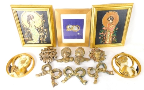 Various wall hangings, wall plaques, giltwood ribbon plaques, 14cm wide, Art Nouveau style hanging mirrors with resin lady quarter profile, etc. (a quantity)