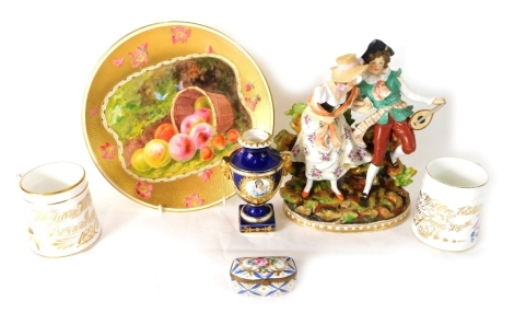 Various pottery and effects, a 19thC pottery Christening mug, marked William Walton 1891, and another, a Continental porcelain figure of musicians, enamel pill box with crown mark, hand painted Minton wall plate, etc. (a quantity)