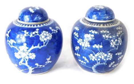 A pair of Chinese porcelain blue and white ginger jars, with domed lids and globular bodies, double circle marks beneath, 24cm high. (2)