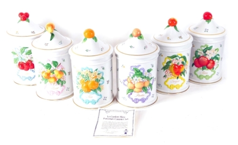 Six Franklin Mint Le Cordon Bleu storage jars, to include sugar, raised with fruit, 29cm high, printed marks beneath. (6)