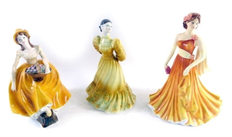 Three various Coalport figures, to include Seasons of Love Amber Gold, printed marks beneath, 23cm high, etc. (3)