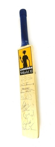 A miniature cricket bat, marked Lashings World SI, with some signatures to include Henry Blofeld, 39cm long.