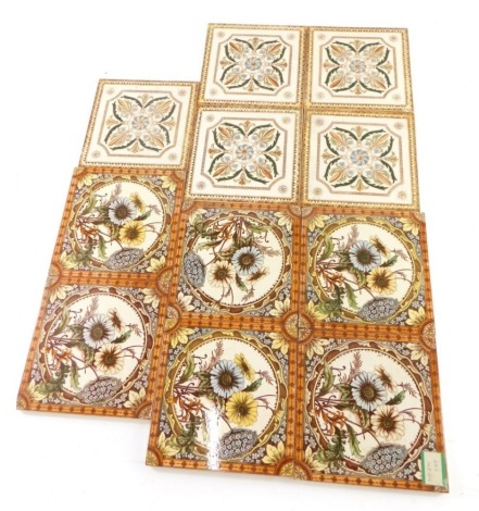 A set of five 19thC floral tiles, transfer prints predominately in green and blue, numbered verso, 16cm wide, and six other tiles, Minton type, decorated with flowers, unmarked. (a quantity)