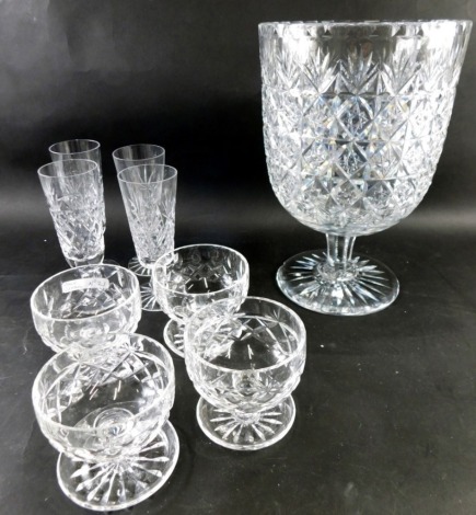 Various glassware, a large cut glass Thomas Webb crystal goblet with a hobnail cut floral pattern, with bell shaped bowl, hobnail pattern on circular star cut base, 31cm high, various sundae glasses, a set of three champagne flutes and another similar. (a