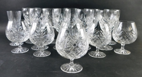 Various crystal drinking glasses, set of six brandy balloons, each hobnail cut with a repeat floral pattern, 15cm high, and various wine glasses, unmarked. (a quantity)