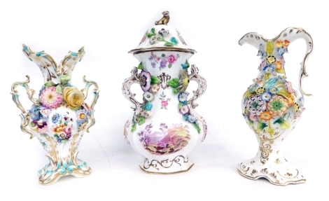 A 19thC Coalbrookdale style porcelain, potpourri vase, with pierced shaded lid, decorated with panels of exotic birds with raised flowers and gilt lion knop, the body flanked by two gilt lined scroll handles, painted with various figures in landscapes, wi