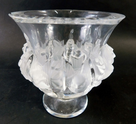 A 20thC Lalique France glass vase, of inverted bellied form, raised with birds on circular foot, script mark beneath, 13cm high. (A/F)