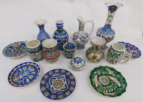 Various pottery and effects, tin glazed earthenware and other, Maiolica style, etc., to include vases, a vase marked Ikaros Rhodes, 15cm high, other similar vases, etc. (a quantity)