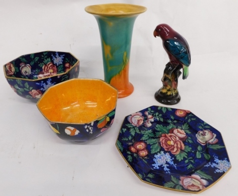 Various 20thC pottery, Tuscan Faience pottery parrot, 26cm high, uranium vase, various other pottery. (a quantity)