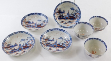 A set of three early 19thC English pearlware pottery tea bowls and four saucers, each similarly decorated with Chinese scenes of buildings, with gilt highlights, the bowls 8cm diameter, unmarked. (7)