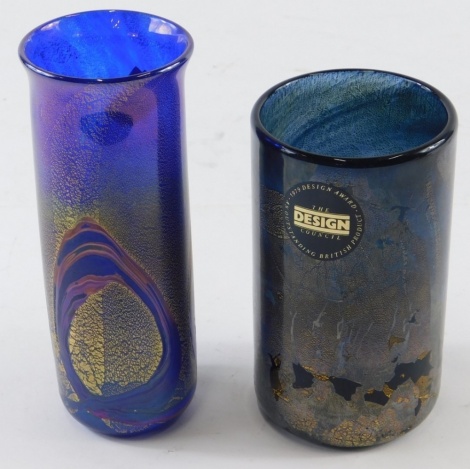 An Isle of Wight glass vase, with 1979 Design Award label, with gilt highlights on blue ground, with certificate marked Produced by using 23ct gold, 13cm high, boxed, and a further vase similar. (2)