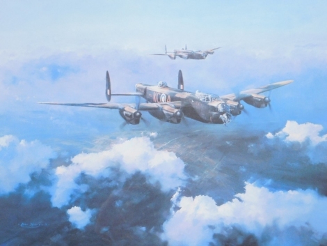 After Taylor. Lancaster, print, singed by Group Captain Leonard Cheshire VC DSO DFC, 34cm x 46cm.