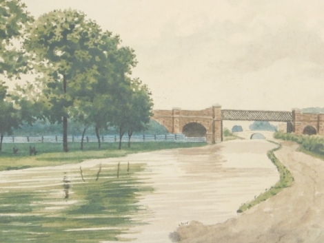 20thC School. View of the canal, bridge in the distance, watercolour, unsigned, 16cm x 21cm.