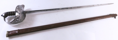 An officer's sword, with etched blade marked J R Caunt and Sons, with turned handle, pierced grip, compressed pommel and leather scabbard, 100cm long.