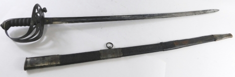 An officer's sword, with etched straight blade, turned handle, compressed pommel, pierced grip with crown and bow, and leather scabbard, 98cm long.