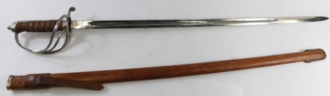 An officer's sword, with straight etched blade, turned handle, orb pommel, pierced grip and leather scabbard, 101cm long.