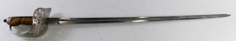 An officer's sword, with plain straight blade, turned handle, compressed orb pommel and pierced grip, 94cm long.