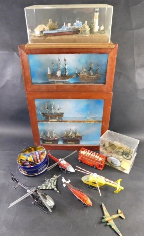 Various boxed and other miniature ships, diecast vehicles, etc., to including Cutty Sark, 12cm high, in glazed display case, various other diecast vehicles, etc. (a quantity)