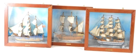 Three modern cased ship models, to include HMS Endeavour, the case 39cm high, 42cm wide, 9cm deep, and two others. (3)