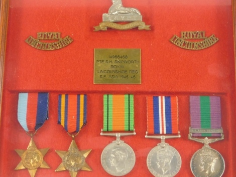 A WWII and later medal group, comprising five medals, 39-45 and Burma stars, Campaign, Victory and General Service medal with SE Asia 1945-46 clasp, etc., one with SE Asia clasp, with Egypt Sphinx cap badge, in case marked 14966466 PTE SH SKIPWORTH Royal 