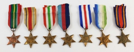 Various WWII medals, The Italy Star and various others, 39-45 star, France and Germany Star, The Pacific Star, The Atlantic Star, The Africa Star and another, with various ribbons. (a quantity)