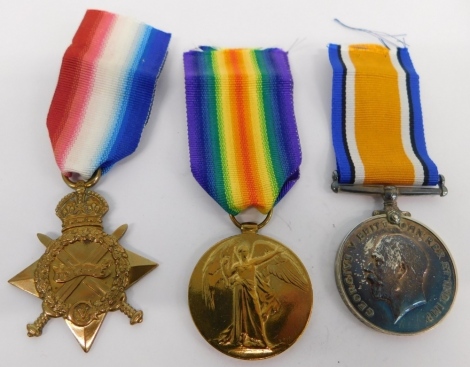 A WWI medal trio, comprising 1914-15 star, unmarked, a Campaign medal and Victory medal, each similarly marked PTE E WATERFALL LINC R. (3)