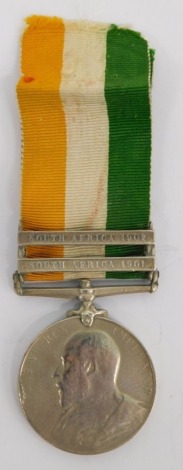 An Edward VII South Africa medal, marked 4675 PLA A SUTTON 18th HUSSARS, the ribbon with South Africa 1901 and South Africa 1902 clasps.