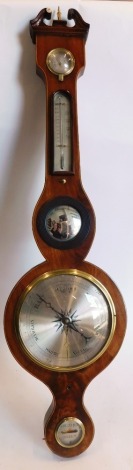 A 19thC mahogany and boxwood strung wheel barometer, with swan neck pediment and silvered dials, the mirror with ebonised reeded slip, engraved Warranted Correct, 97cm high.