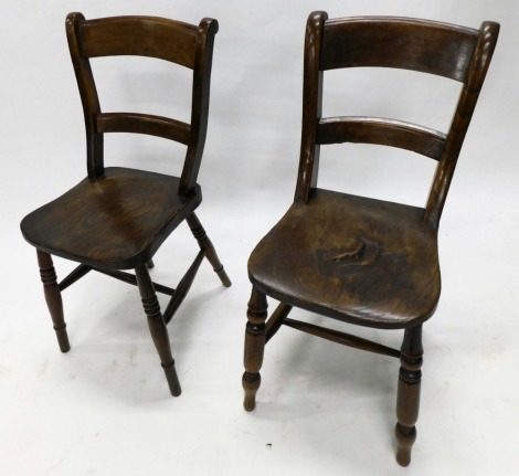 A near pair of 19thC bar back ash and elm country made chairs, each with a solid seat, on turned legs with H stretcher.