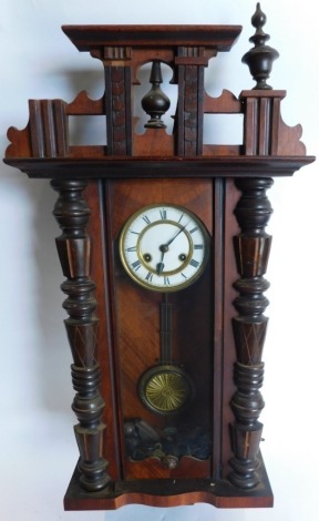 A late 19th/early 20thC Vienna walnut wall clock, the enamel dial, 81cm high. (AF)