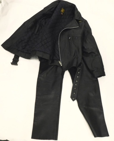 A Lewis black leather jacket, size 4, with leather trousers.