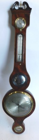 Cetti and Co, London. A 19thC wheel barometer, in mahogany, boxwood and ebony strung case, with silvered thermometer, dial, etc., 97cm high.