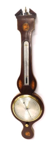 G. Dell Vechio, Shrewsbury. A late 19thC wheel barometer, in a mahogany, marquetry, boxwood and ebony strung case, with silvered thermometer and dial, 98cm high.