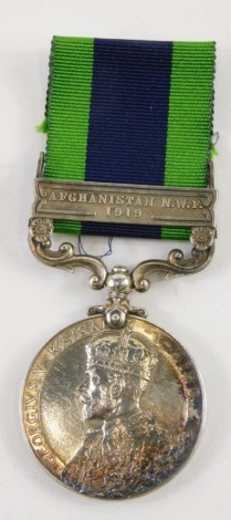 A George V India medal, indistinctly marked, the ribbon with Afghanistan NWF 1919 clasp.