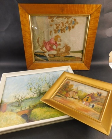 A 19thC Samson and the Lion needlework, in a birds eye maple frame, the frame 44cm x 50cm, CM Pask (20thC), Stapleford Lincoln, oil on board, and E. .,F path before buildings, oil on canvas, signed and dated (18)93. (3)