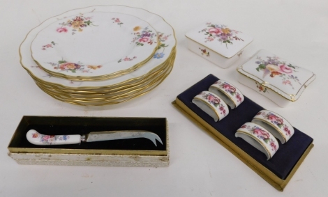 Various Royal Crown Derby Derby Posies china, lidded dish, 12cm wide, various plates, napkin rings, etc. (a quantity)