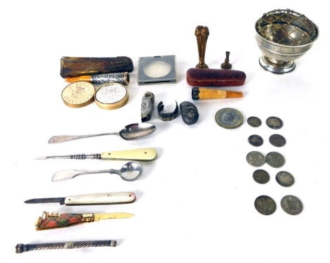 Various silver etc., to include silver spoons, white metal cutlery mounts, knives, seal, Victorian Royal Commemorative medallion for the wedding of Prince Albert and Princess Alexandra and Denmark 1863, in original box. (a quantity)