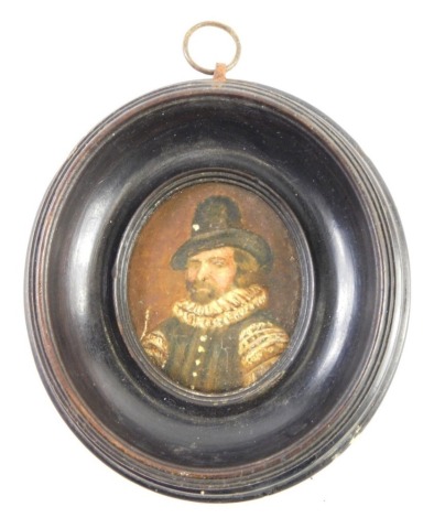 A Jacobean style portrait, miniature on paper of a gentleman wearing ruff on boarded back, 4cm x 4cm, in ebonised frame.