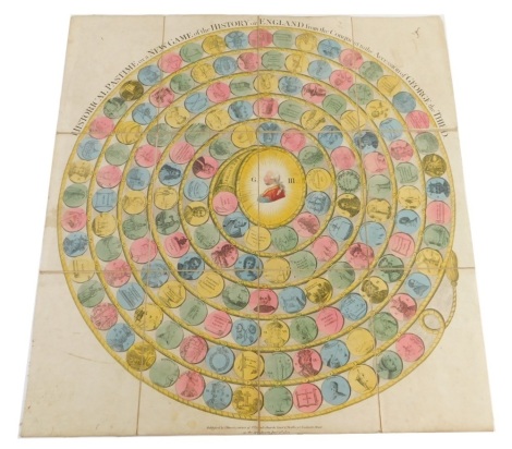 A New Game of The History of England, for the conquest to the succession of George III, transferred printed games board, linen backing, probably early 19thC, 52cm wide.