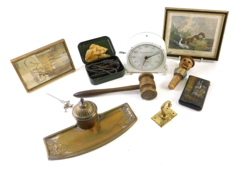 Various collectable items, an English Clock Systems clock, photographic print, brass ink well, Swiss carved wooden bottle stopper formed as a man showing tongue, 10cm high, etc. (a quantity)