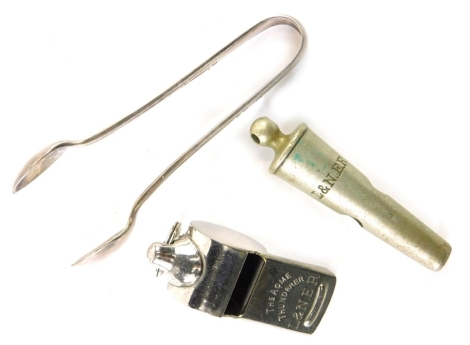 A 20thC chrome plated The Acme Thunderer L&NER railway whistle, a further whistle marked L&NER and a pair of sugar bowls marked BR-M, 10cm wide.