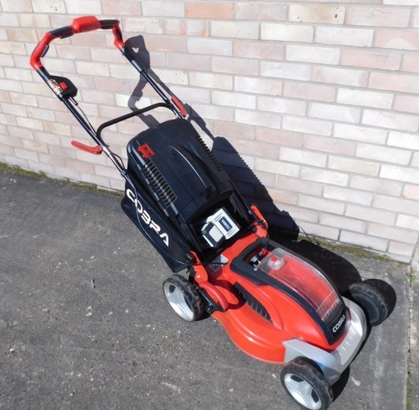 A Cobra 40V Li-ion lawn mower, with grass box.